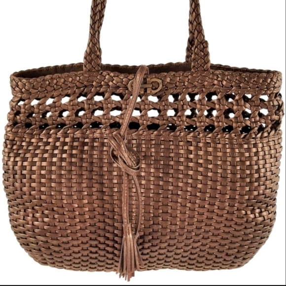 Salvatore Ferragamo Handbags - SALVATORE FERRAGAMO Gancini Bronze Woven Leather Top Handle Tote Shoulder Bag